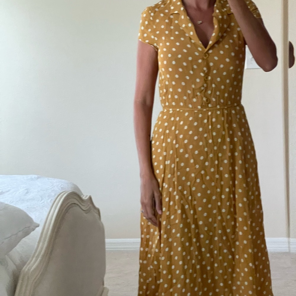 Mustard reformation polka dot dress